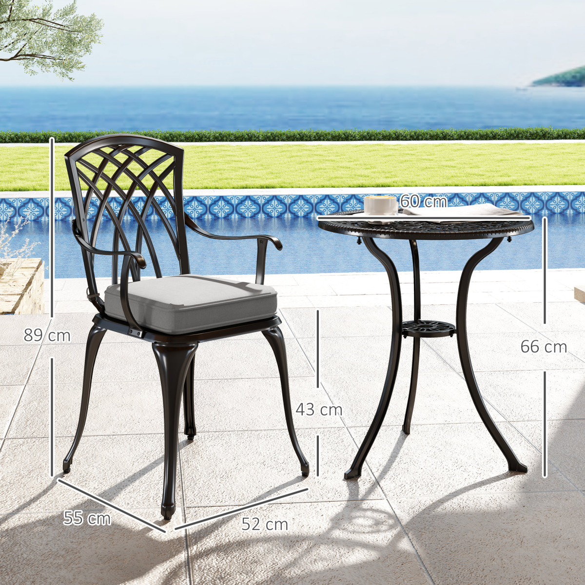 Outsunny 3-Piece Cast Aluminium Bistro Set with Parasol Hole Table & Cushioned Chairs – Garden Patio Furniture, Black