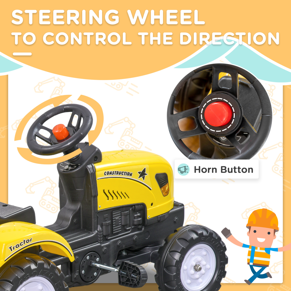 HOMCOM Kids Pedal Go Kart Ride-On Tractor with Trailer, Shovel & Rake – Four-Wheel Toy, Yellow and Black