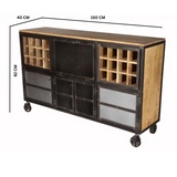 Evoke Industrial Bar Cabinet in Aged Metal & Solid Wood – Home Bar Storage for Bottles & Glassware