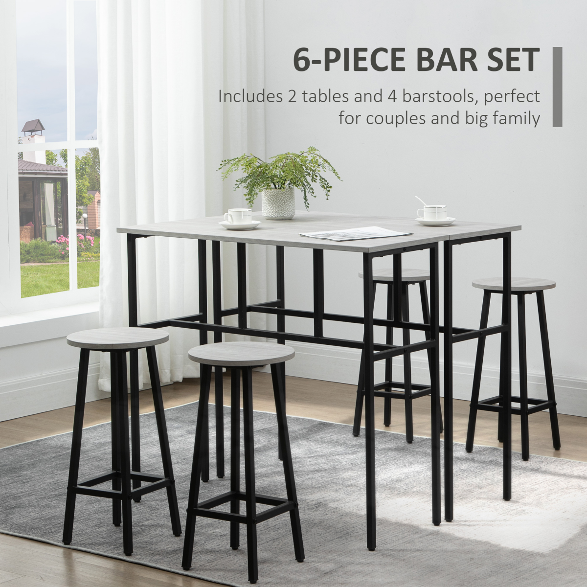 HOMCOM 6-Piece Bar Table Set with 2 Breakfast Tables and 4 Stools – Space-Saving Kitchen Furniture, Grey