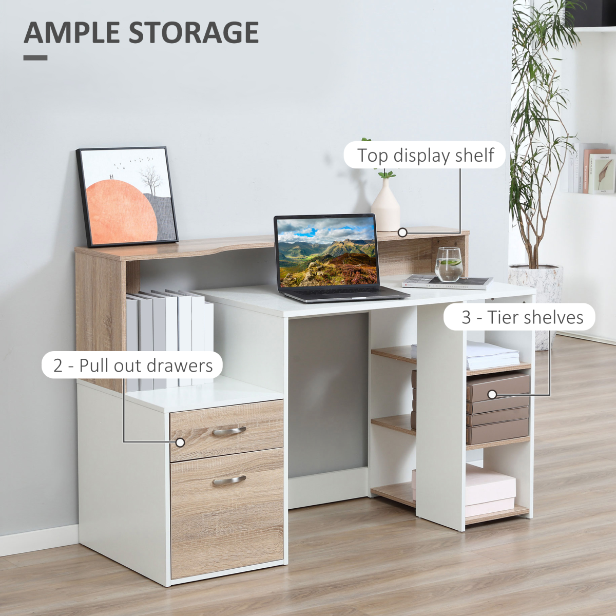 HOMCOM Multi-Storage Computer Workstation with Shelves, 2 Drawers & Printer Space – Home Office Desk, Oak