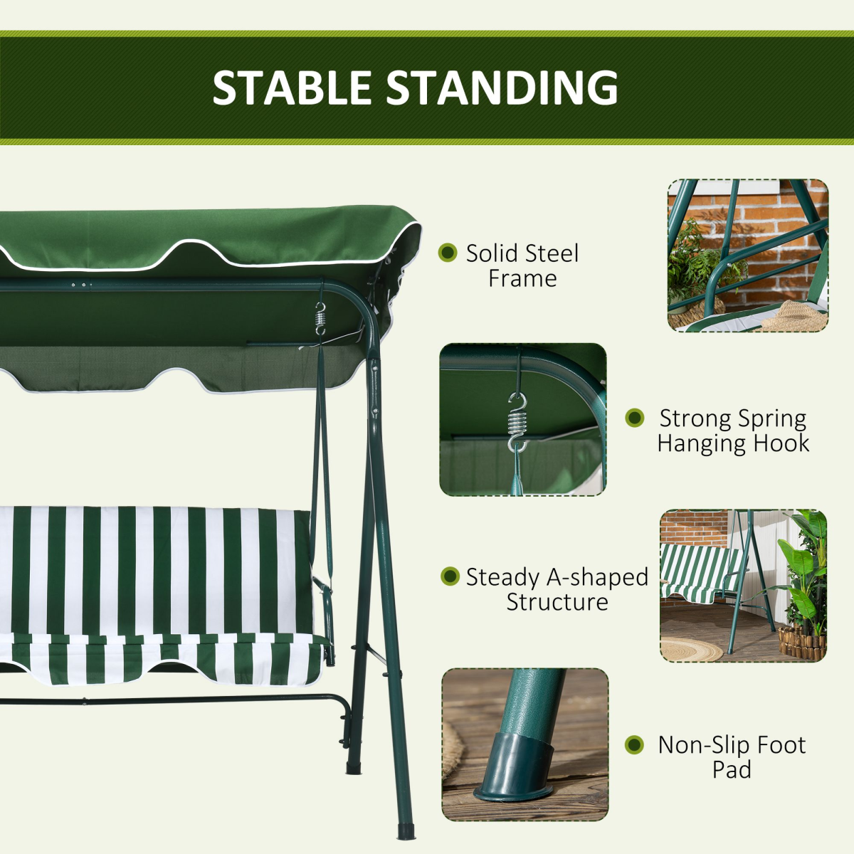 Outsunny 3-Person Porch Swing Chair with Tilting Canopy and Cushions – Steel Garden Swing Seat, Green