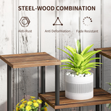 Outsunny 4 Tier Metal Flower Shelf Display Rack with Wooden Shelves – Plant Stand, Black Carbonised Finish
