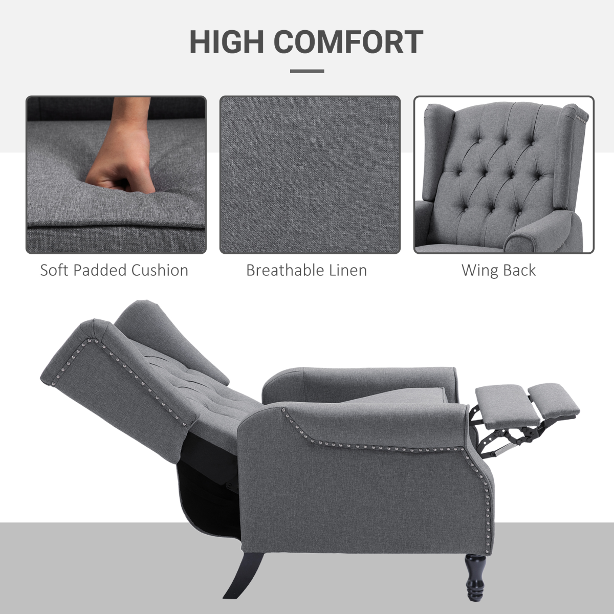 HOMCOM Fabric Recliner Armchair with Retractable Footrest – Comfortable Relaxation, Light Grey