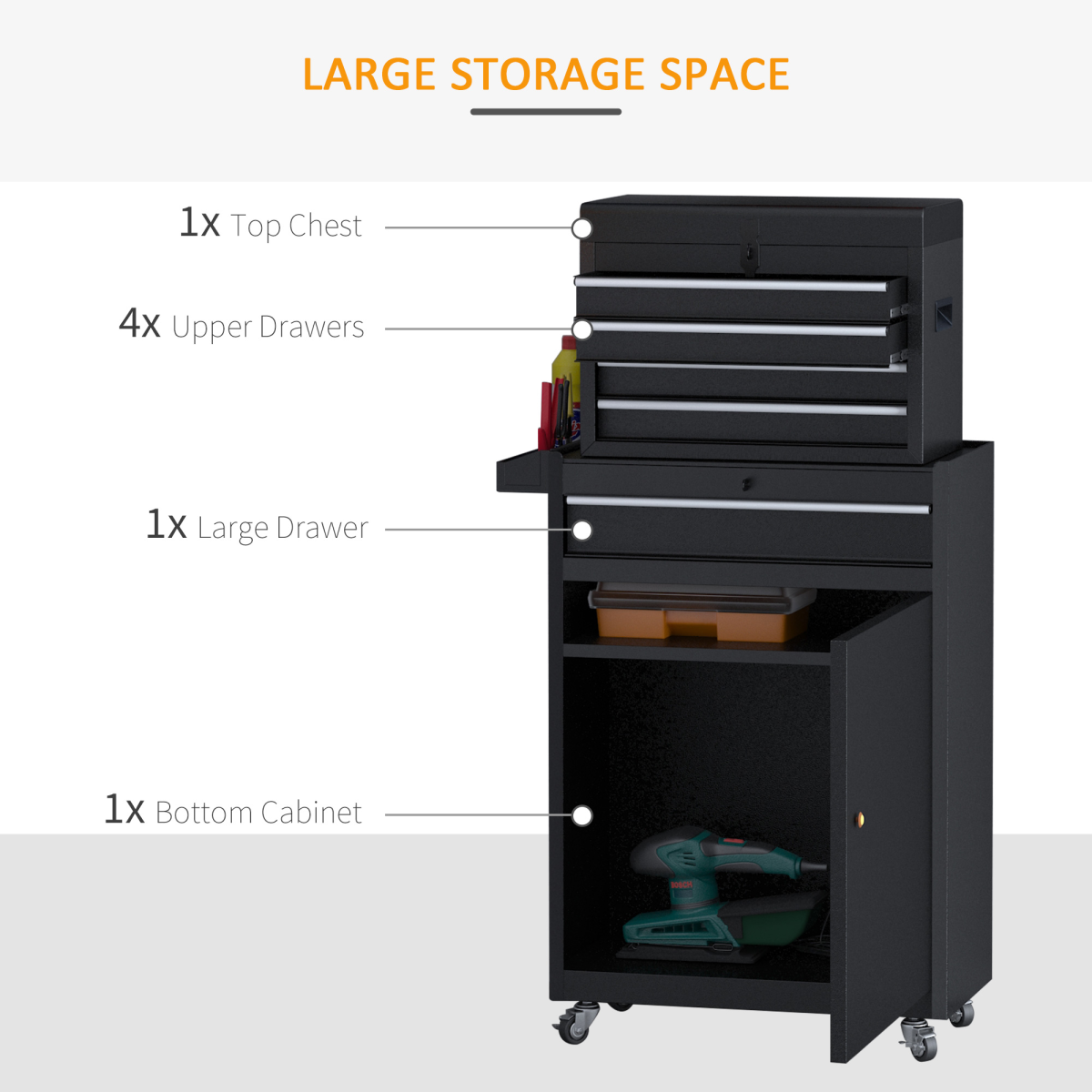 DURHAND Steel 4-Drawer Rolling Tool Cabinet with Removable Top Chest and Cupboard – Black
