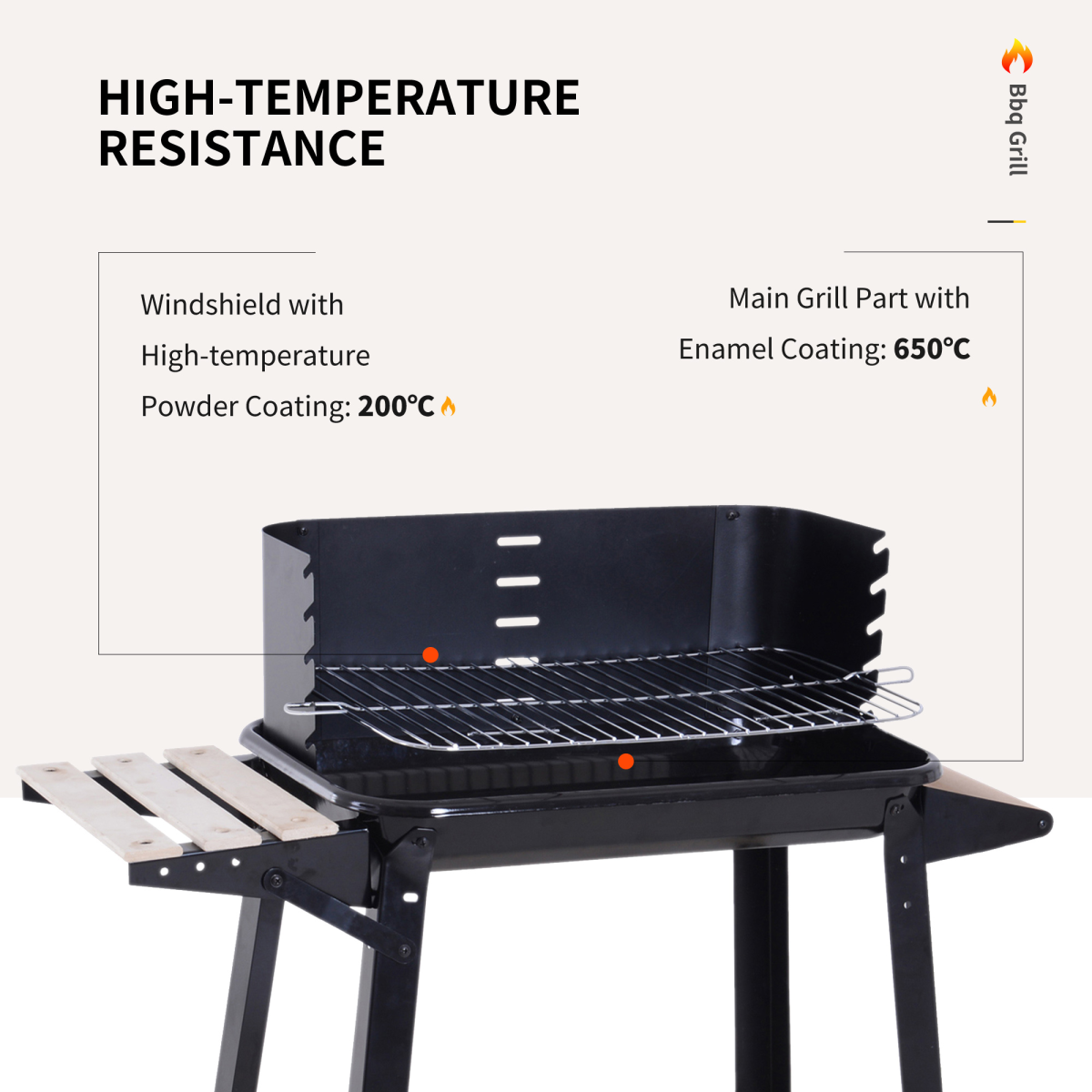 Outsunny Charcoal BBQ Grill with Side Shelf, Wind Shield & Wheels – Enamel Coated, 87 x 45 x 83cm, Black