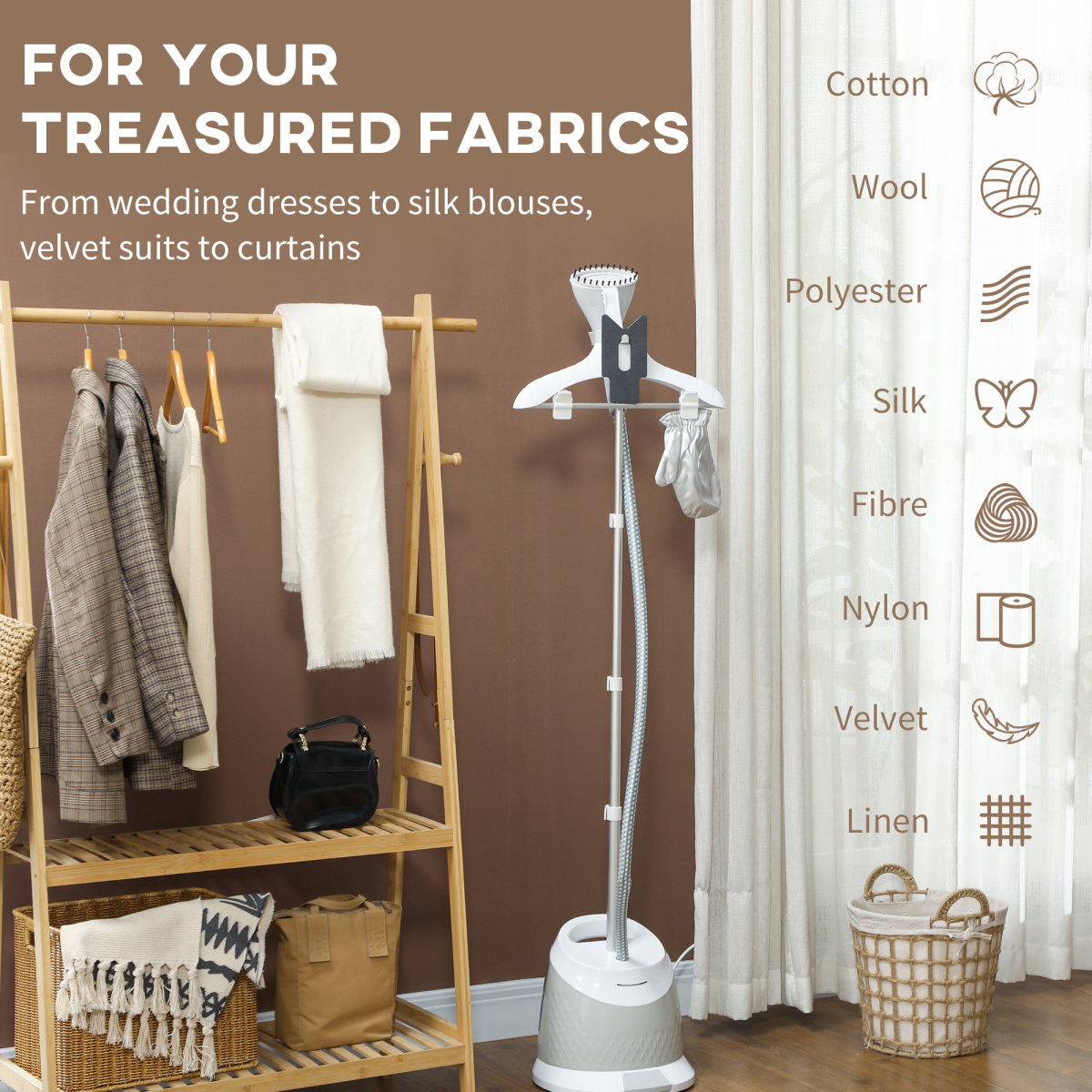 HOMCOM 1800W Clothes Steamer with 1.8L Water Tank & Adjustable Pole – Garment Wrinkle Remover, Light Grey