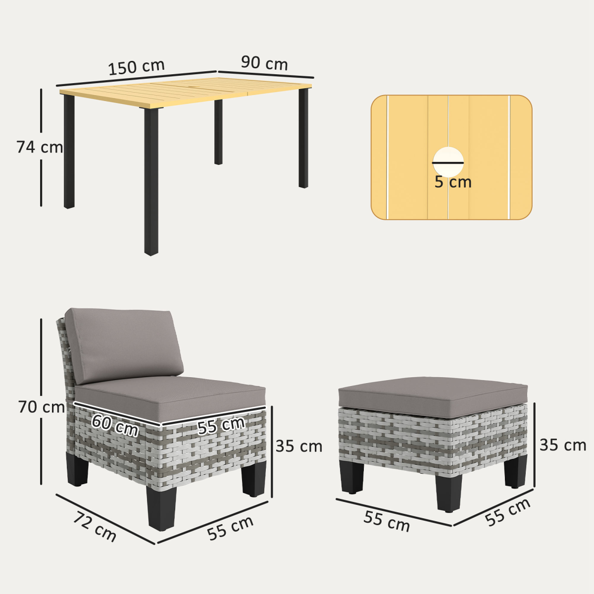 Outsunny 7 Piece Rattan Garden Dining Set with Cushions and Umbrella Hole – Outdoor Table, Chairs and Footstools, Grey