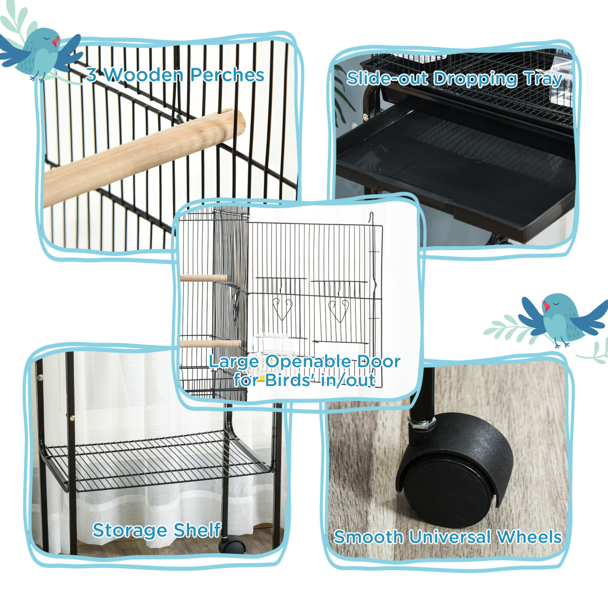 PawHut Bird Cage for Budgies, Finches, Canaries & Parakeets with Stand, Wheels & Slide-Out Tray – Black