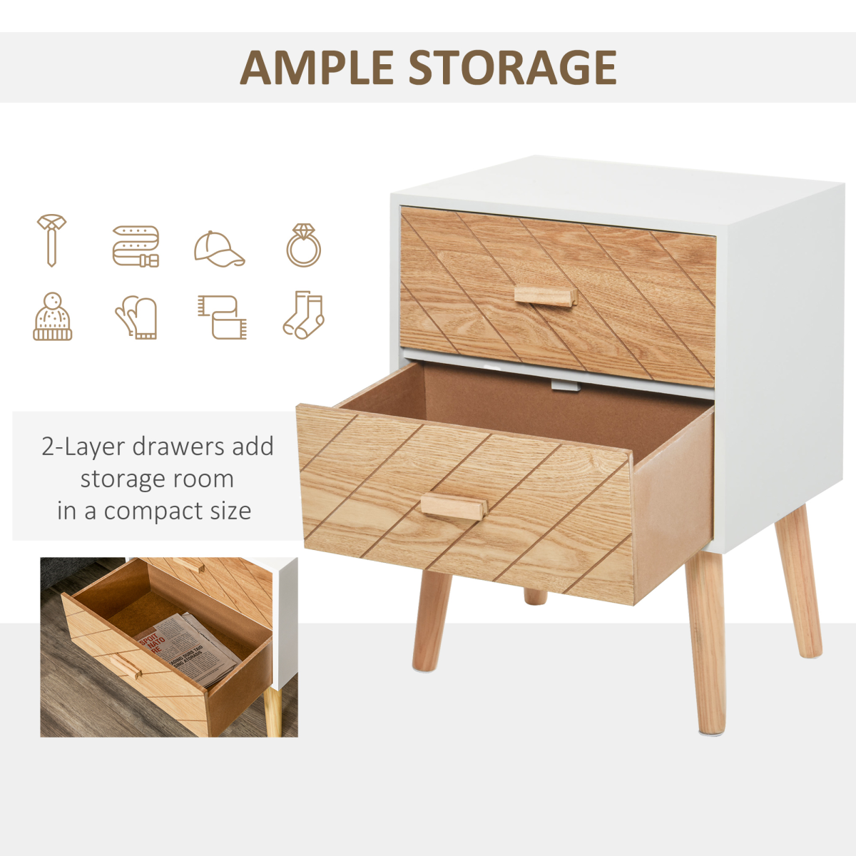 HOMCOM Nordic-Style 2-Drawer Wooden Bedside Table with Tapered Legs – Scandi Bedroom Storage