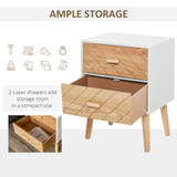 HOMCOM Nordic-Style 2-Drawer Wooden Bedside Table with Tapered Legs – Scandi Bedroom Storage