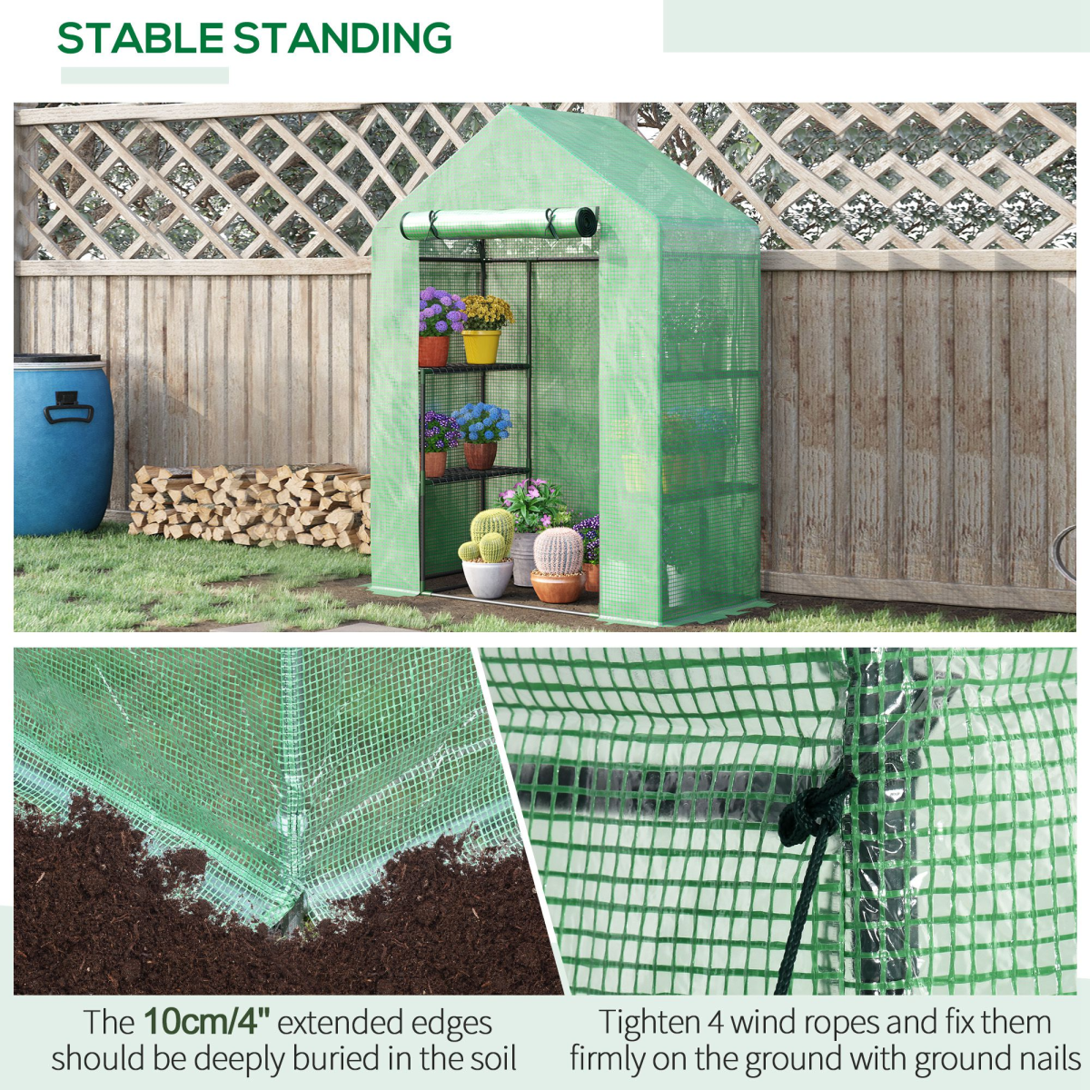 Outsunny Walk-In Greenhouse with 2 Tier Shelves, Roll-Up Zipped Door & PE Cover, 141 x 72 x 191cm – Green