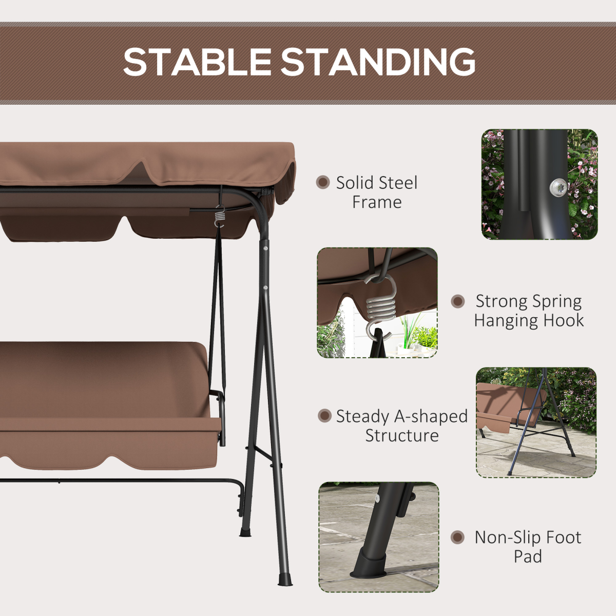 Outsunny 3-Person Outdoor Porch Swing Chair with Cushioned Seat and Adjustable Canopy – Garden Swing, Brown