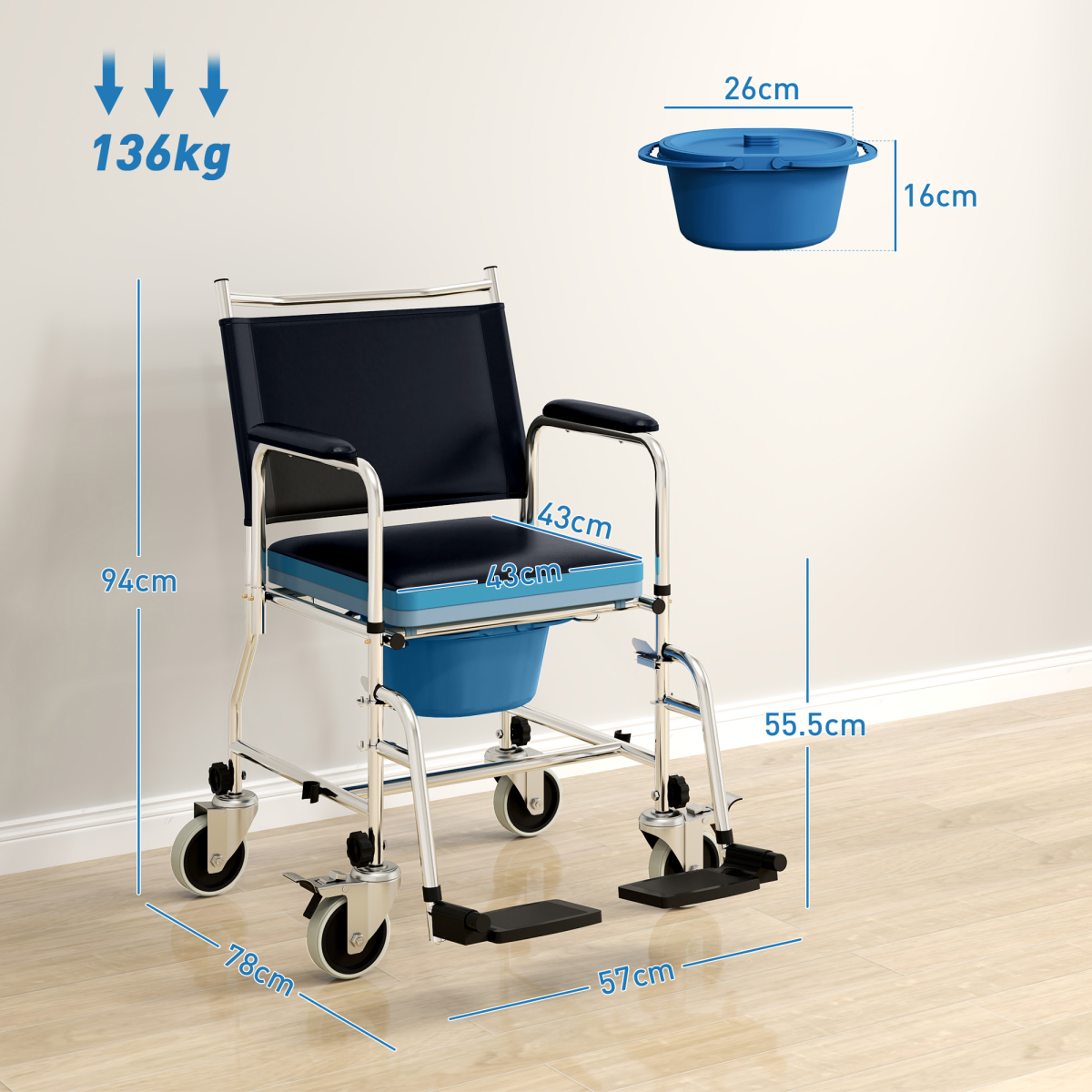 HOMCOM 3-in-1 Commode Shower Chair & Wheelchair with Footrest – Padded Bathroom Mobility Aid, Black