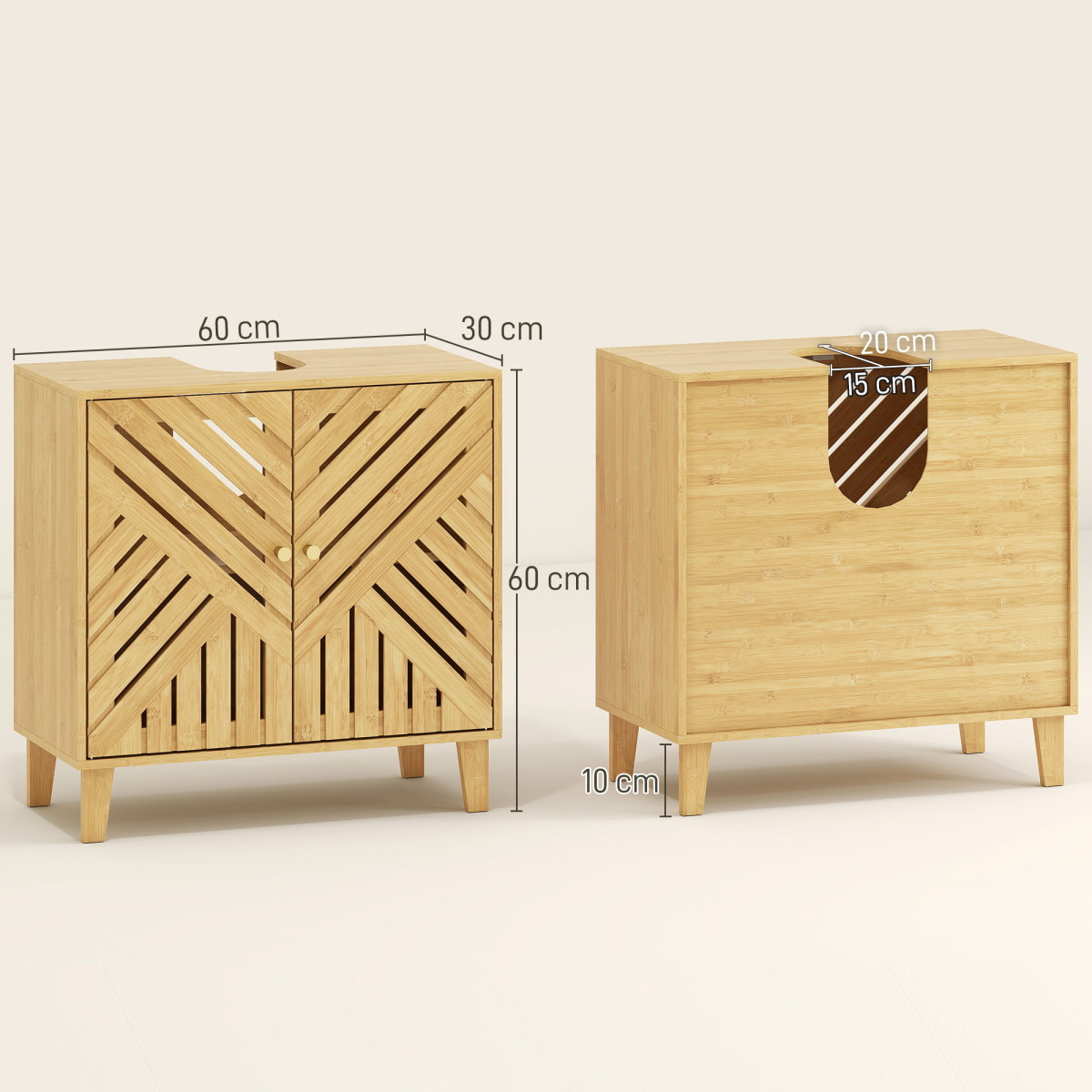 HOMCOM Bamboo Bathroom Under Sink Cabinet with Adjustable Shelf & U-Shape Cut-Out – Nordic Style, Natural