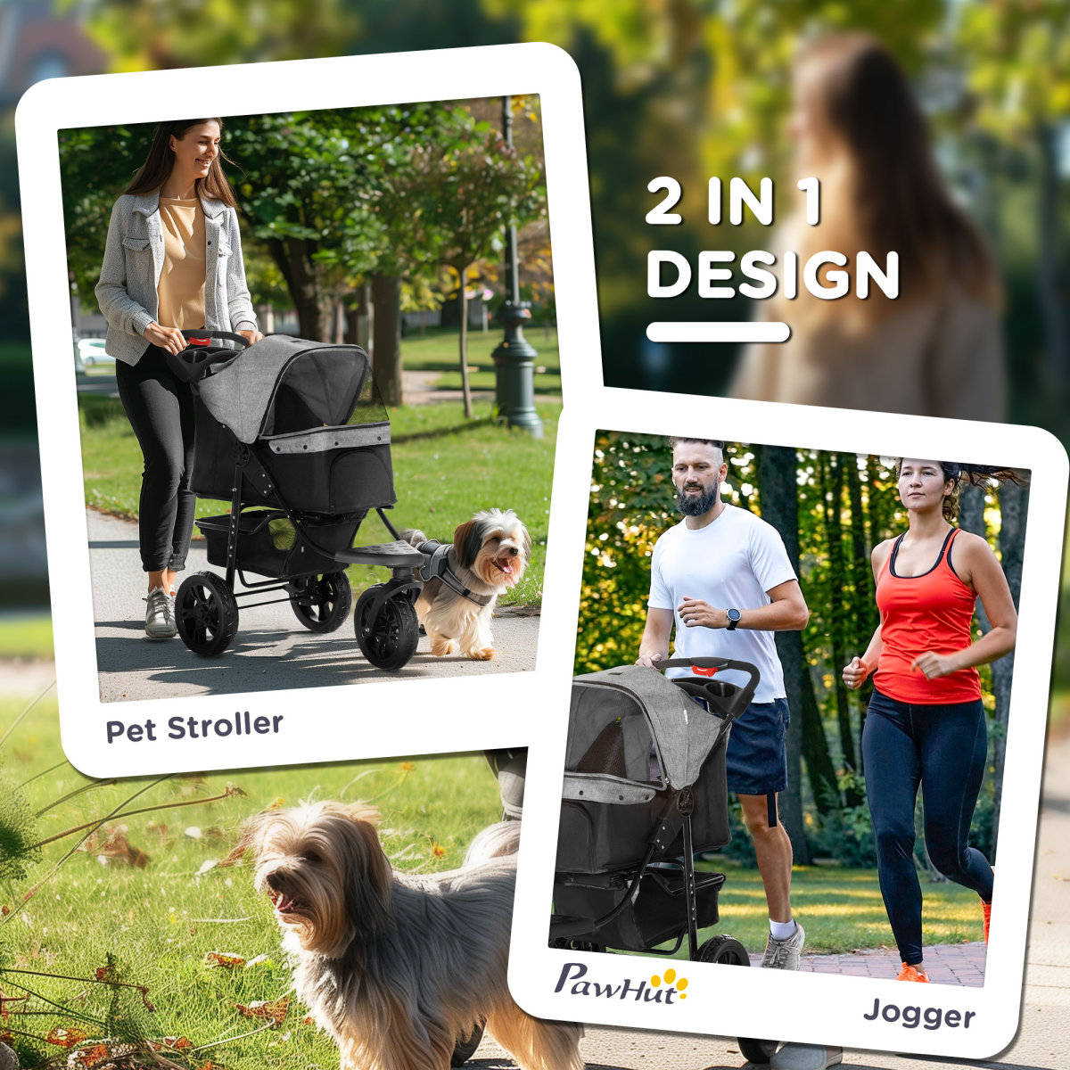 Folding 3-Wheel Pet Stroller with Adjustable Canopy, Storage Basket and Brake – For Small Dogs up to 10kg, Grey