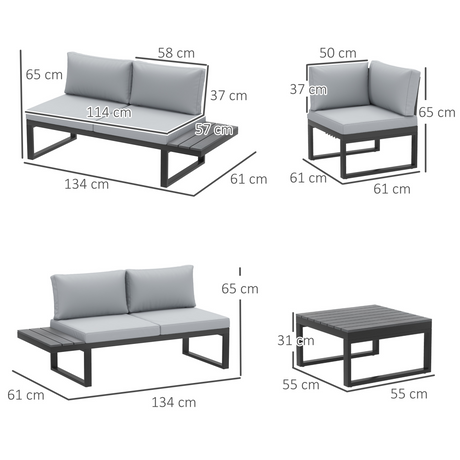 Dimension diagram of the Outsunny loveseat, corner seat and coffee table