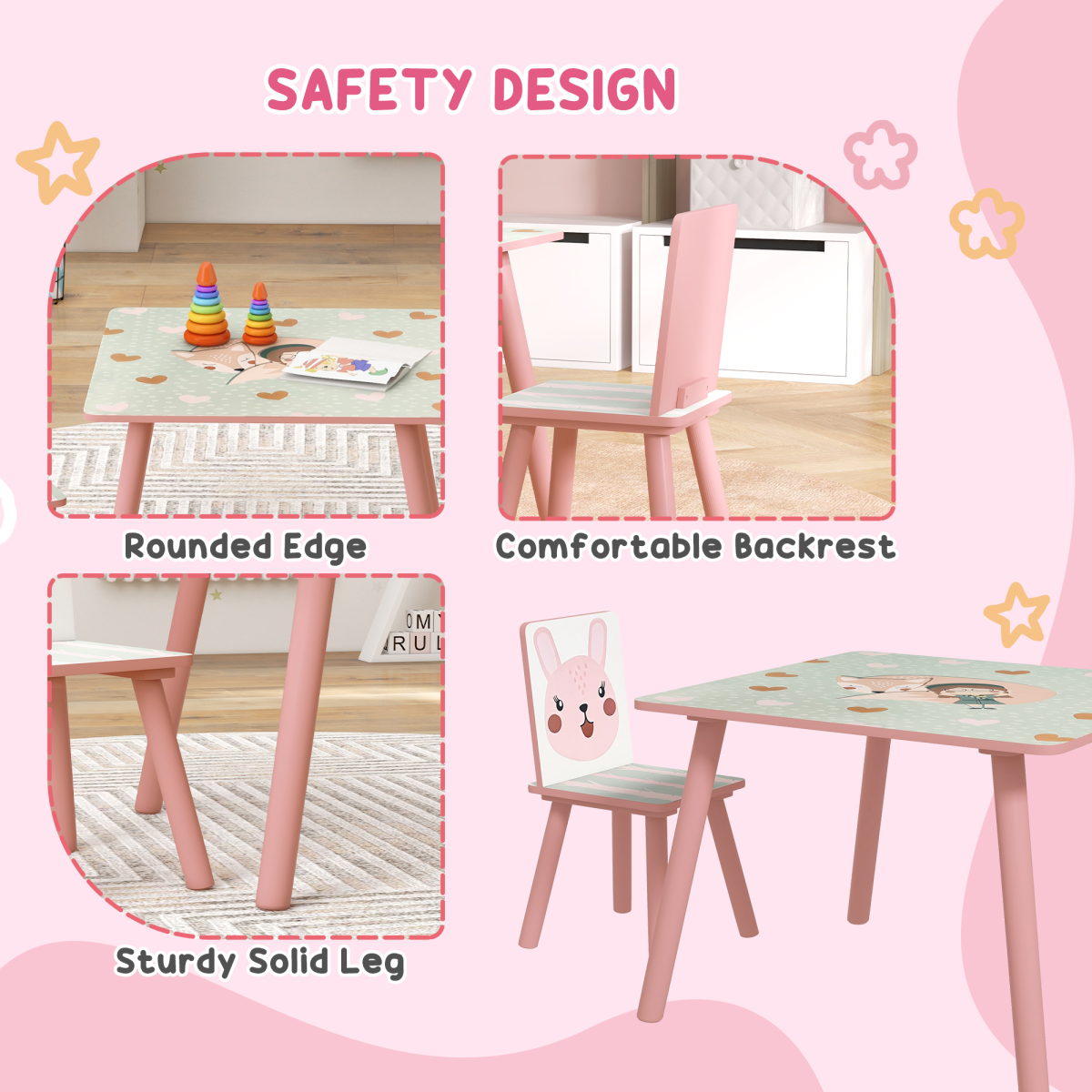 ZONEKIZ Kids Table and 2 Chairs Set with Rounded Edges – Children's Desk for Arts, Crafts & Homework, Pink