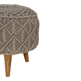 Artisan Furniture Solid Wood Footstool in Braided Grey Cotton with Nordic Style Legs – Boho Accent Seat, Beige