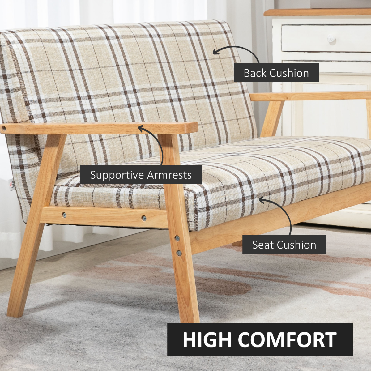HOMCOM 2 Seater Linen-Look Loveseat Sofa with Rubber Wood Frame – Checked Design, Compact Small Sofa