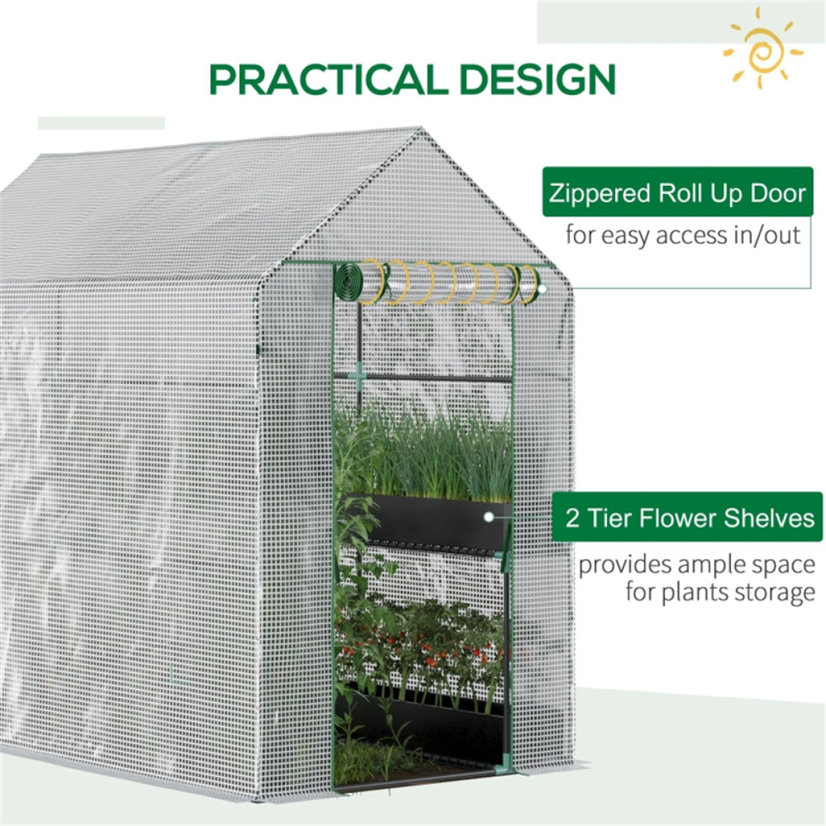 Walk-in Greenhouse with 4 Wire Shelves & Zipped Roll-up Door – Steel Frame Grow House, White Cover & Green Frame