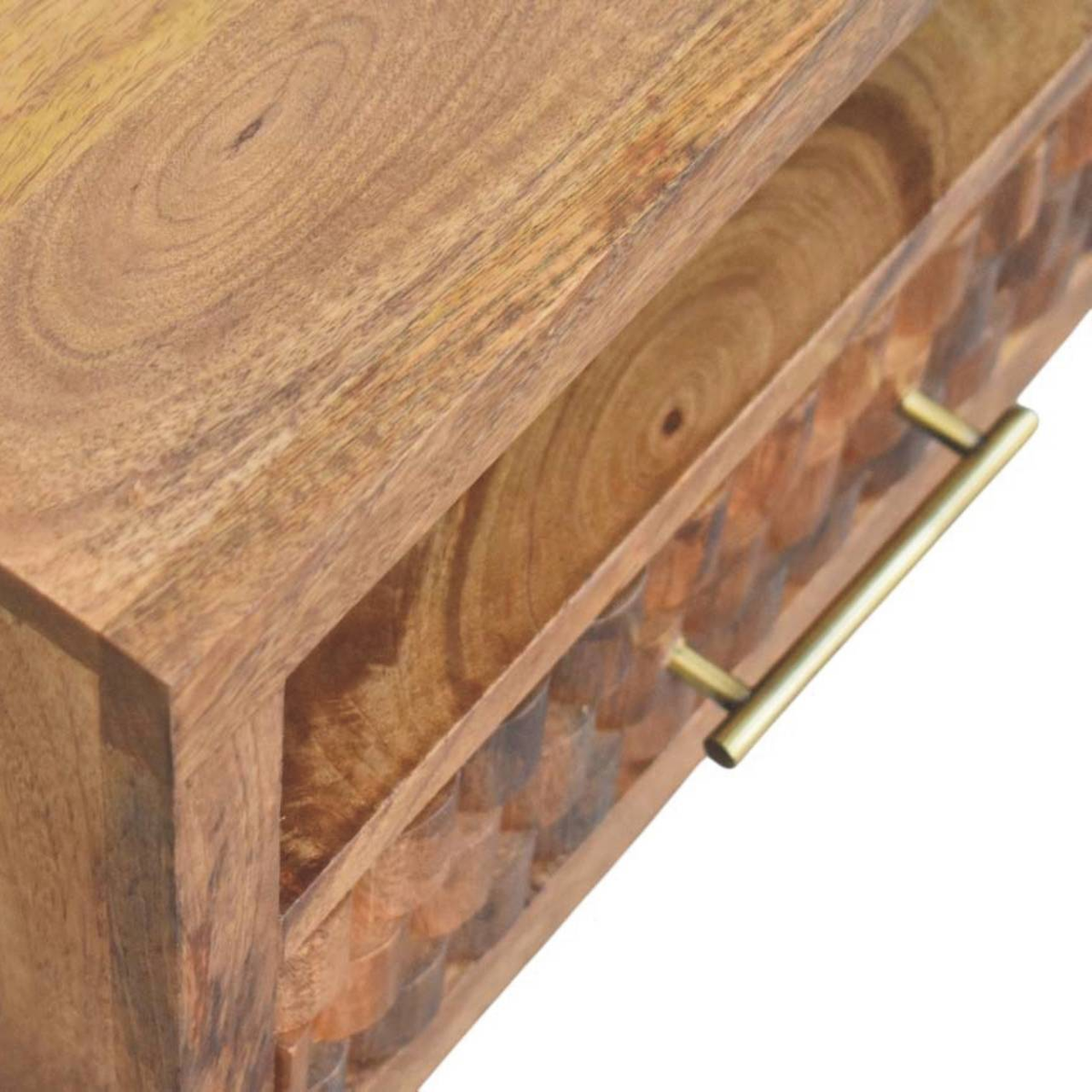 Artisan Furniture Solid Wood Arno Wall-Mounted Nightstand with Carved Drawer and Open Shelf – Golden Teak