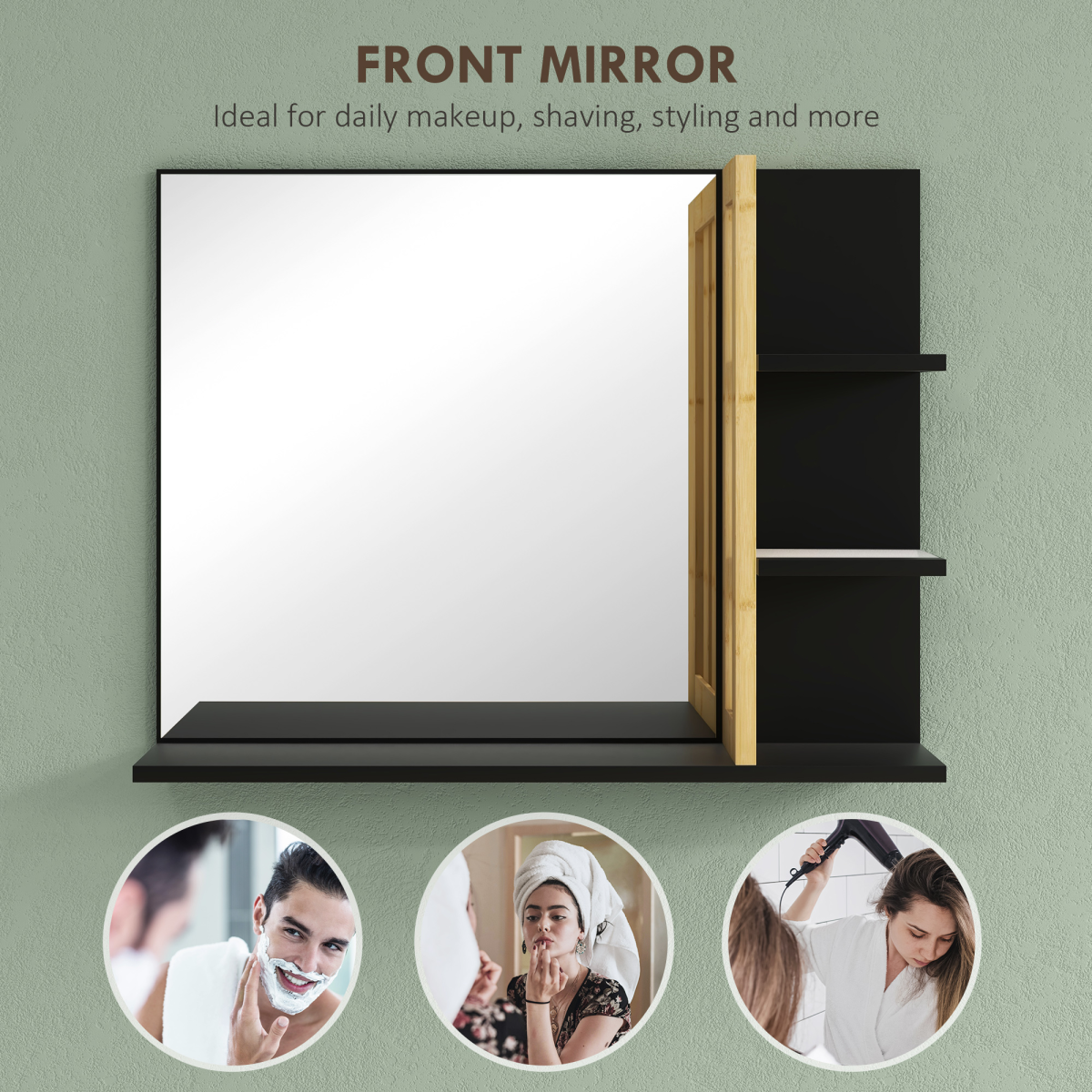 HOMCOM Bathroom Mirror Wall Mount Vanity Mirror with 4 Storage Shelves, Black