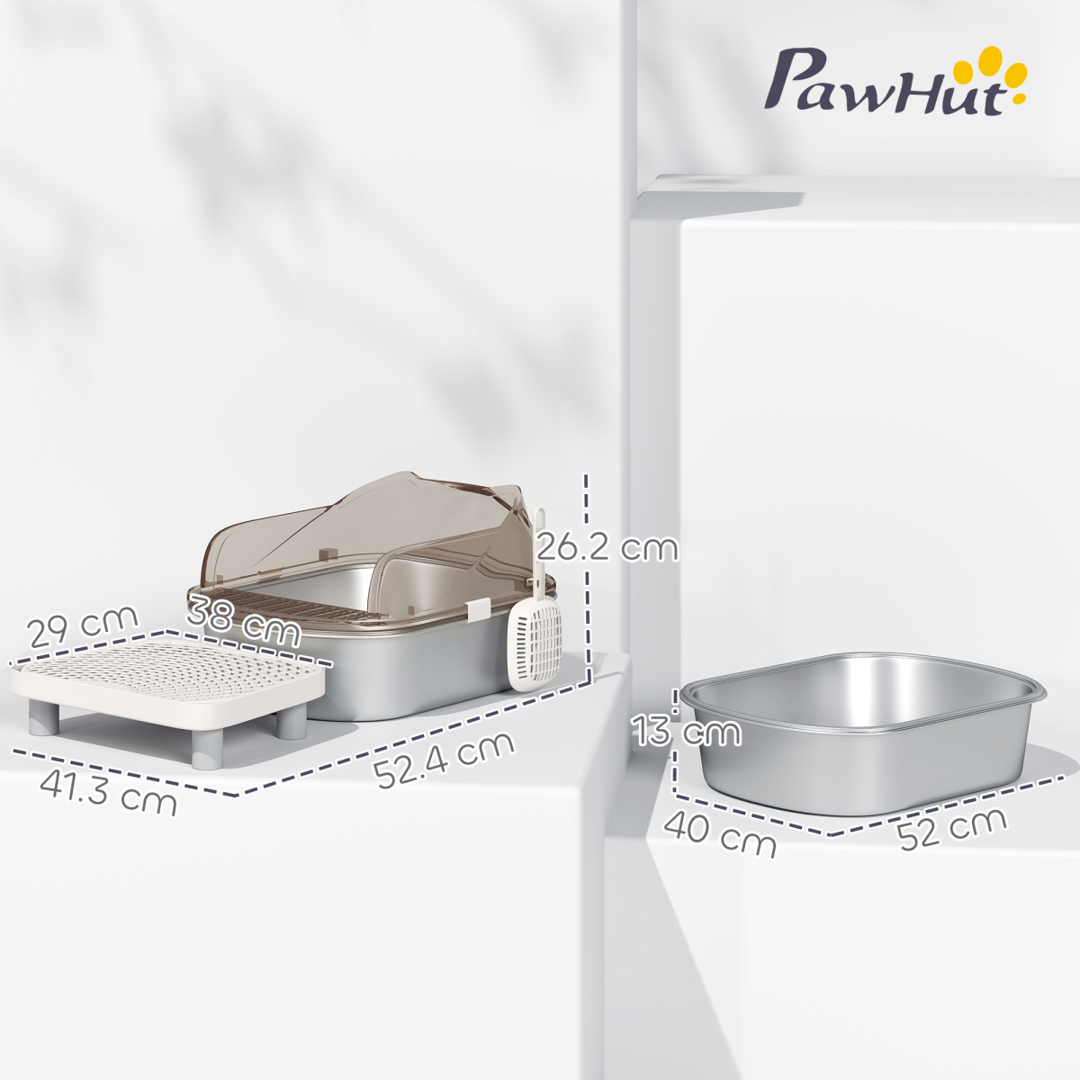 PawHut Stainless Steel Cat Litter Box with Lid, Sand Drop Step & Scoop – High Sided, Charcoal Grey