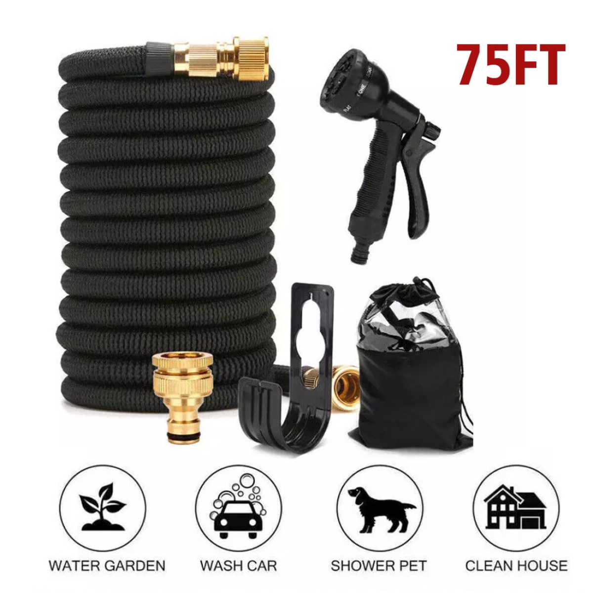 Expandable Garden Hose Pipe, 75ft (22.5m) with 8-Pattern Spray Gun – Flexible Garden Watering Hose