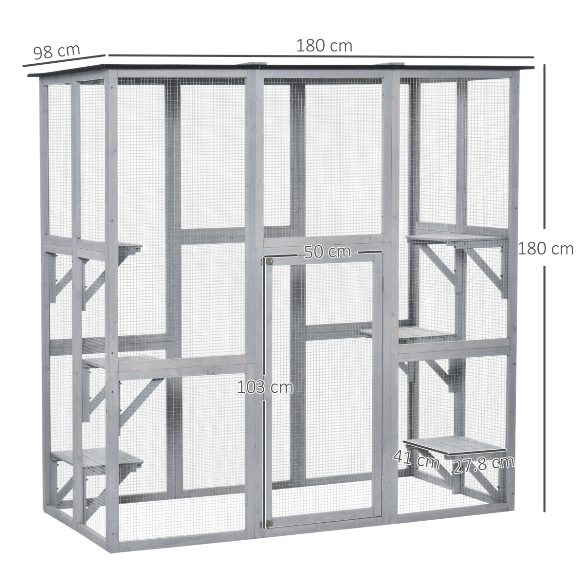 PawHut Wooden Cat House with Platforms – Enclosed Outdoor Catio for Multiple Cats, Weatherproof Roof, Grey