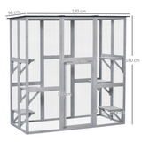 PawHut Wooden Cat House with Platforms – Enclosed Outdoor Catio for Multiple Cats, Weatherproof Roof, Grey