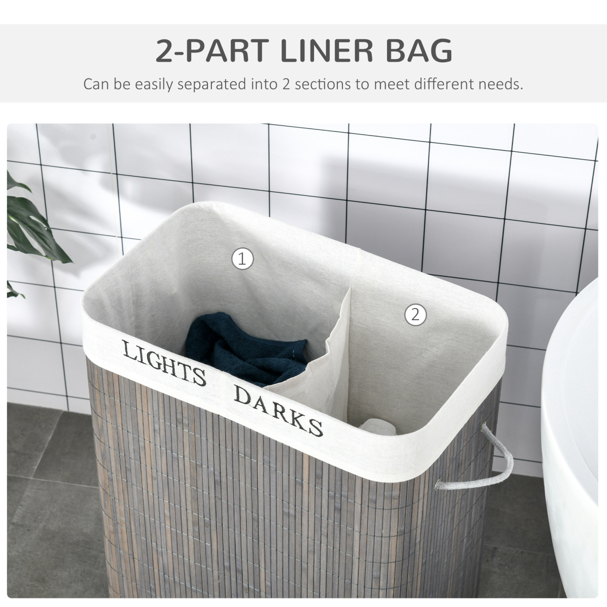 HOMCOM 100L Laundry Basket with Flip Lid, 2 Sections & Removable Lining – Grey