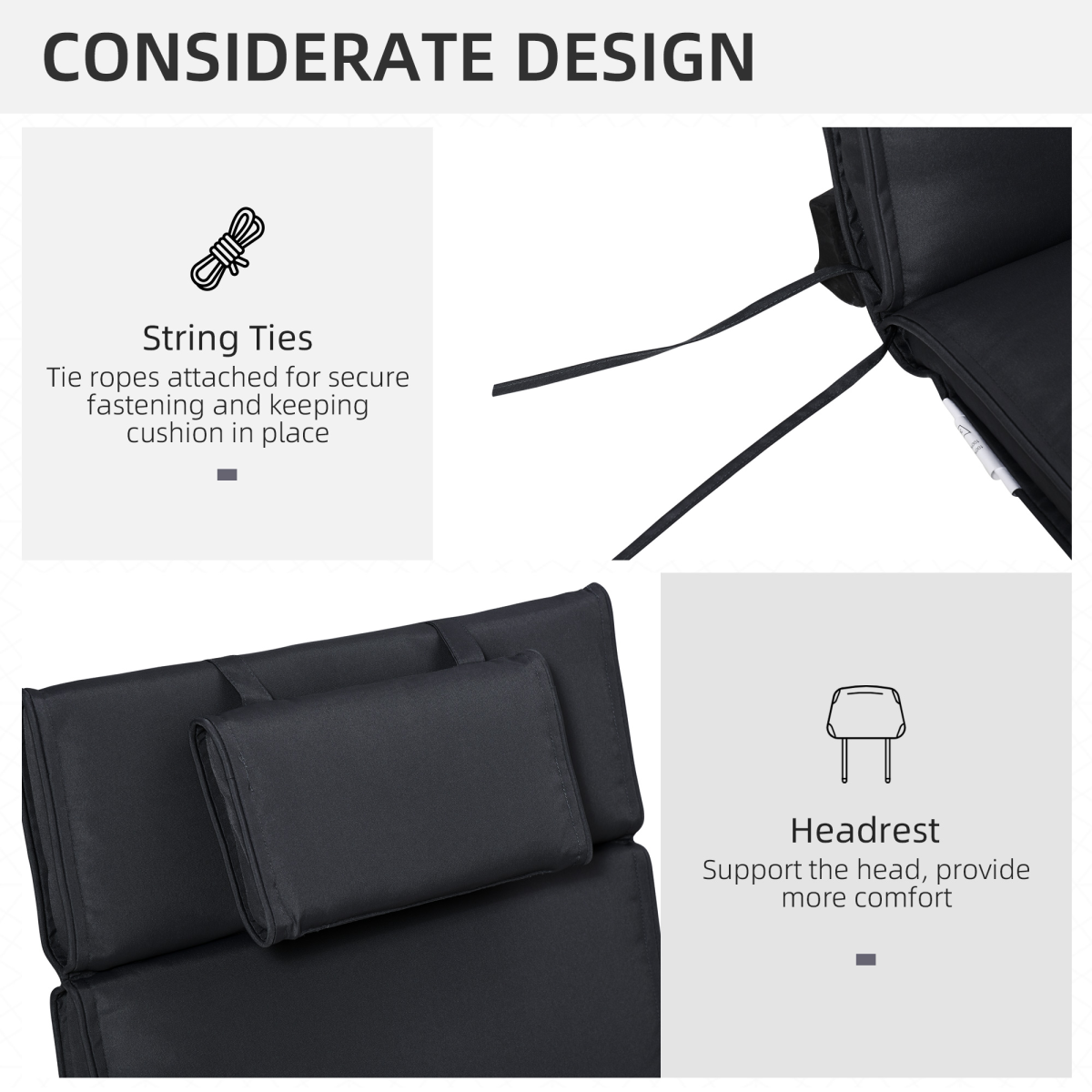 Outsunny Sun Lounger Cushion with Head Pillow and Side Ties – Indoor & Outdoor Reclining Relaxer Pad, Black