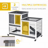 PawHut Wooden Two-Tier Rabbit Hutch with Wheels, Ramp and Slide-Out Trays – Indoor Guinea Pig House