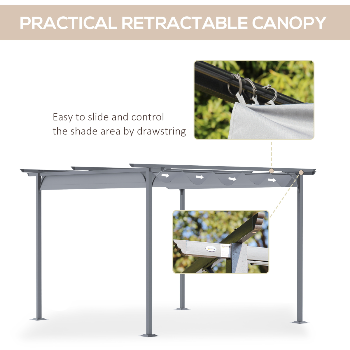 Outsunny 3.5x3.5m Retractable Metal Pergola Gazebo with Anti-UV Canopy & Steel Frame – Garden Patio Shade, Grey