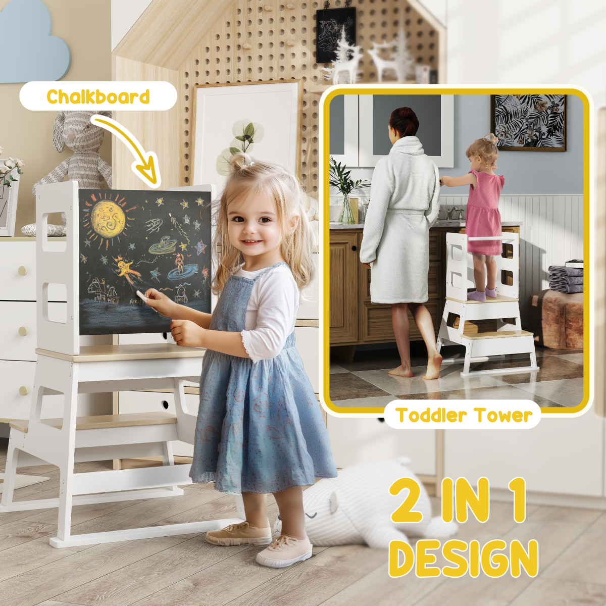 AIYAPLAY 2 in 1 Toddler Tower with Chalkboard & Safety Rail – Kitchen Helper Step Stool, White and Natural Wood