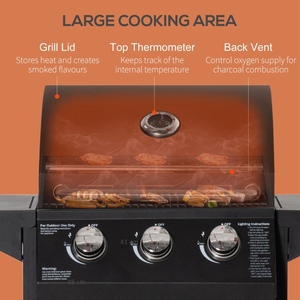 Outsunny 3 Burner Gas BBQ Grill Trolley with Warming Rack, Storage Cabinet & Piezo Ignition