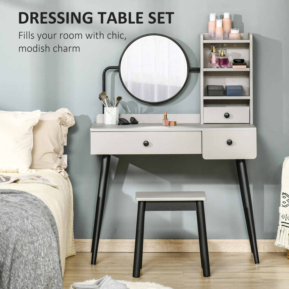 HOMCOM Dressing Table Set with 3 Drawers, Side Shelves, Mirror & Stool – Grey