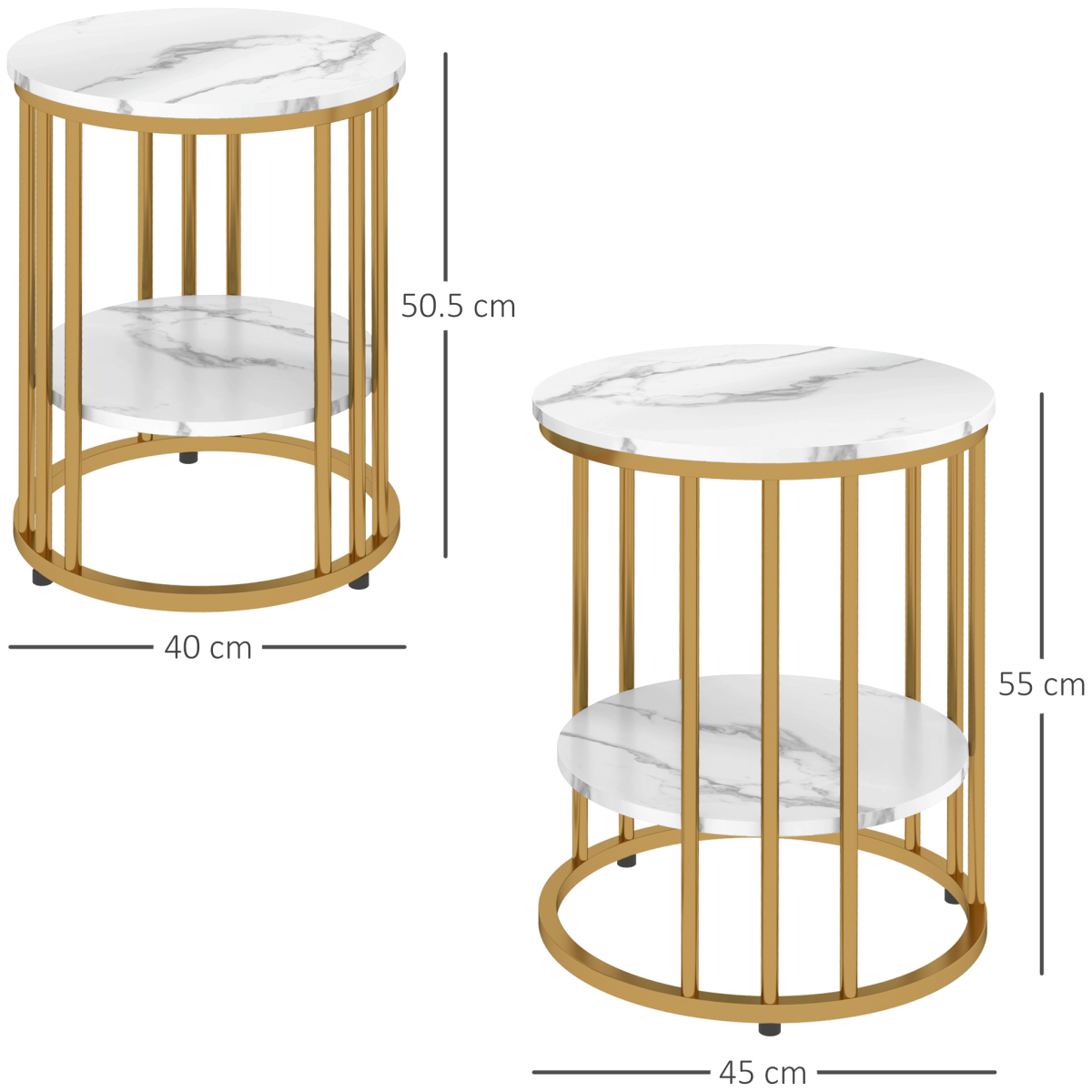 HOMCOM Set of 2 Marble-Effect Two-Tier Tables with Gold Tone Steel Legs – Coffee & Side Tables, White