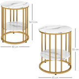 HOMCOM Set of 2 Marble-Effect Two-Tier Tables with Gold Tone Steel Legs – Coffee & Side Tables, White
