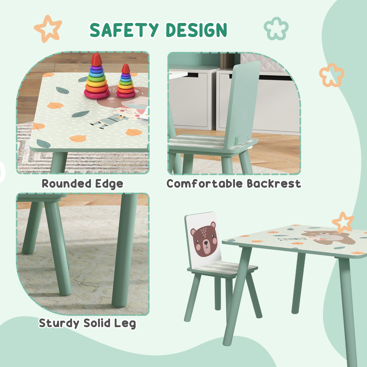 ZONEKIZ Kids Table and 2 Chairs Set with Rounded Edges – Children's Desk for Arts, Crafts & Homework, Green