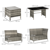 Outsunny 6 Piece Patio Wicker Sofa Set with Footstool and Coffee Table, Rust-Resistant Frame, Orange