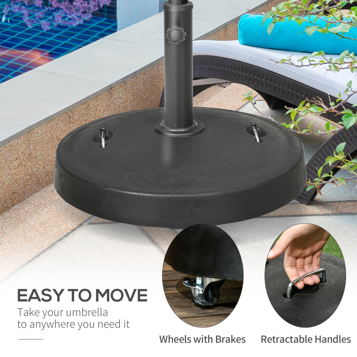 Outsunny 23.5kg Round Resin Parasol Base with Wheels & Brakes – Fits 38–48mm Poles
