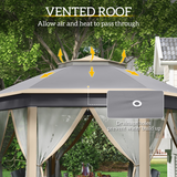 Outsunny 3 x 4m Hexagon Pop-Up Metal Gazebo with Six Mesh Curtains – Garden Party Tent, Khaki