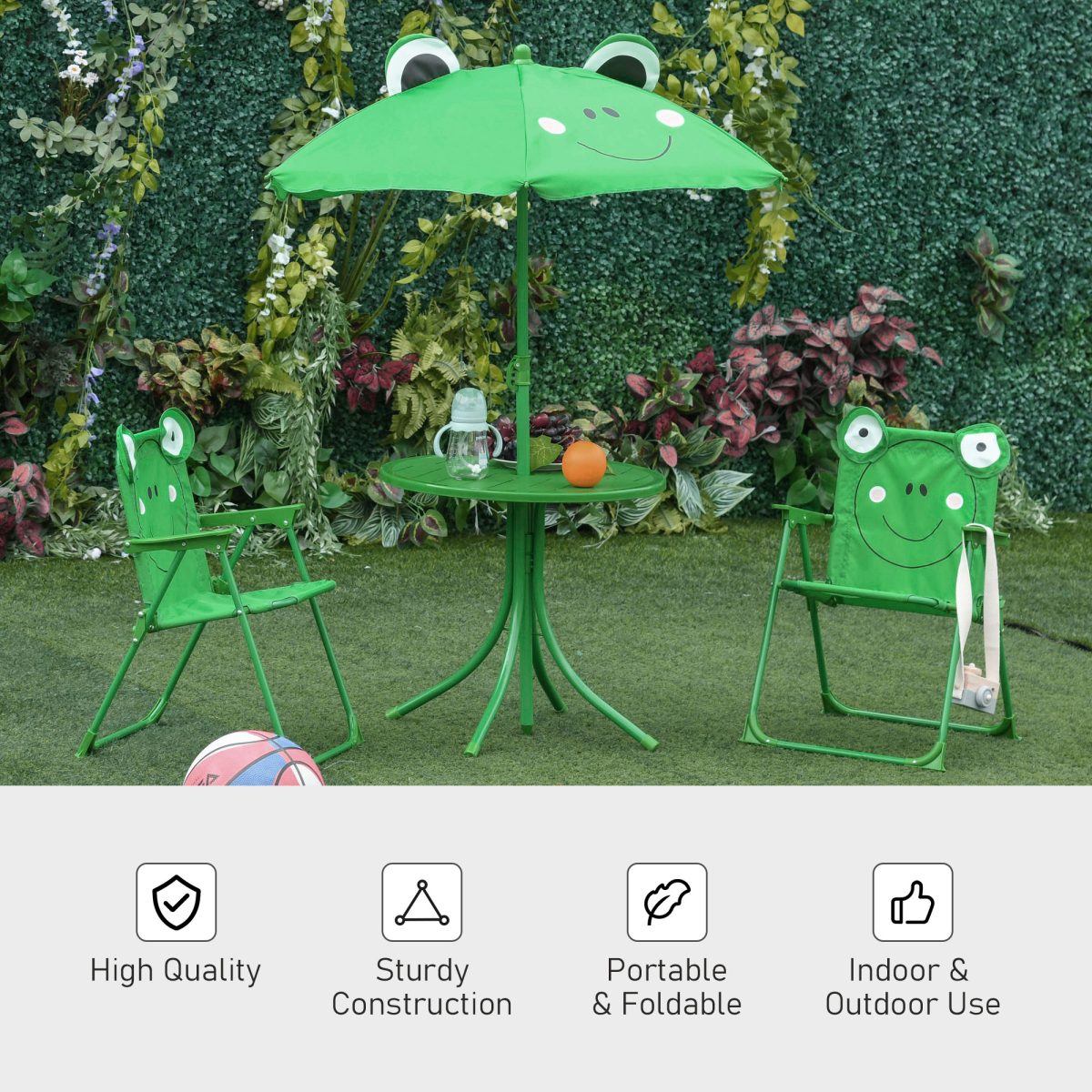 Kids Foldable Picnic Table Set with 2 Chairs & Frog Parasol, 4-Piece – Garden Furniture for Ages 3–5, Green