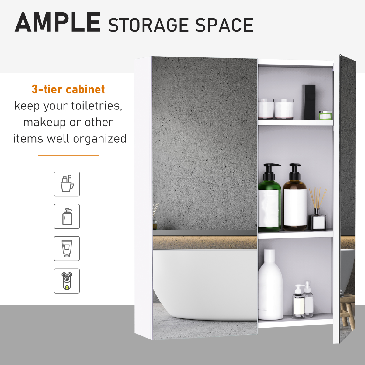 HOMCOM Wall-Mounted Mirror Cabinet with Adjustable Shelves – Bathroom Storage, 60 x 75cm