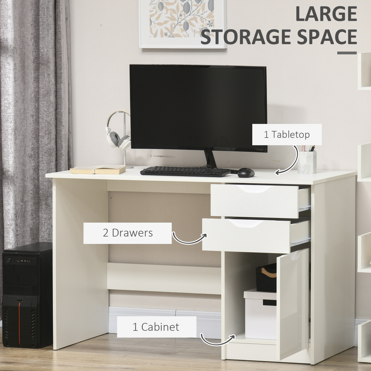 HOMCOM Computer Desk with 3 Drawers, High Gloss Finish & Legroom – Home Office Workstation, White