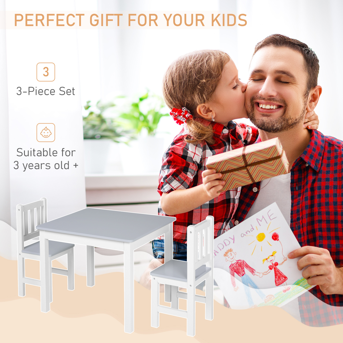 Kids Table and Chair Set, 3-Piece Wooden Table with 2 Chairs – Playroom Furniture for Ages 3+, Grey and White