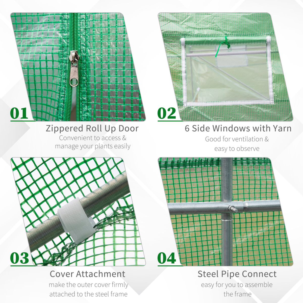 Walk-in Tunnel Greenhouse with 6 Windows & Zipped Roll-up Door – Steel Frame, 14.6 x 6.2 x 6.6ft, Deep Green