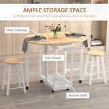 3-Piece Wooden Kitchen Cart with 2 Folding Stools, Drawers & Castor Wheels – Breakfast Bar Set for Small Kitchens